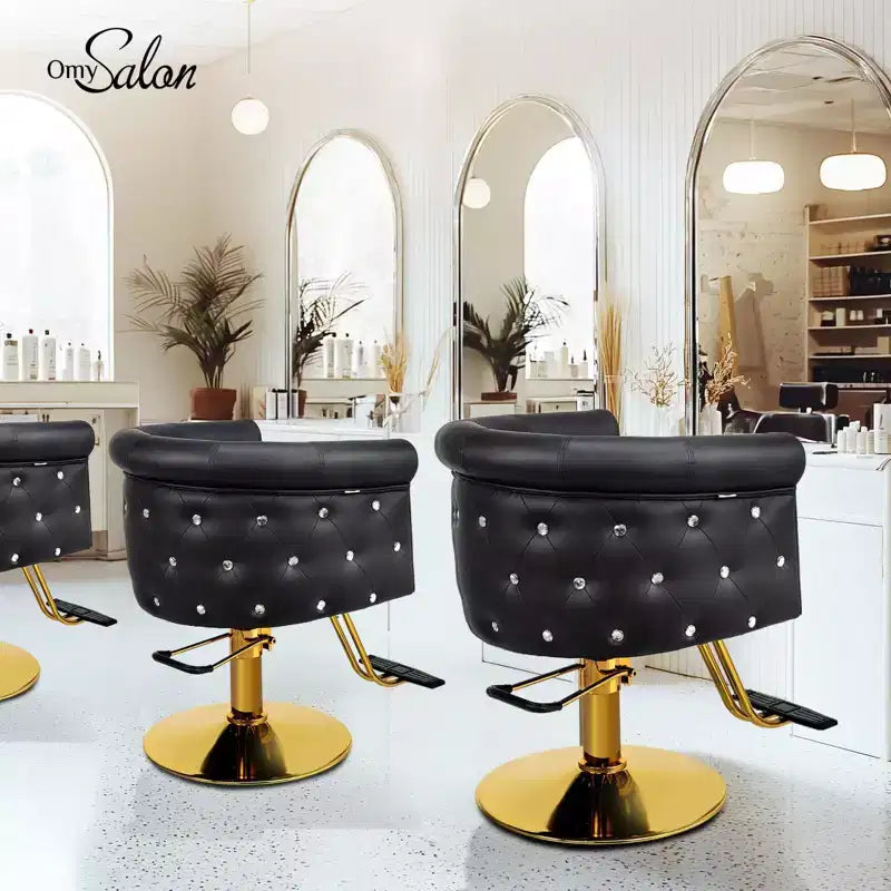 Chaise de coiffeur de salon Karl Home Noire Dorée Moderne Hydraulique Robuste Pivotante avec Dossier Incurvé