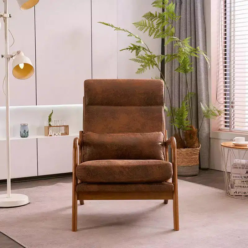 Chaise de loisirs d'intérieur Karl Home à dossier haut en bois massif, accoudoirs, structure en fer et lin