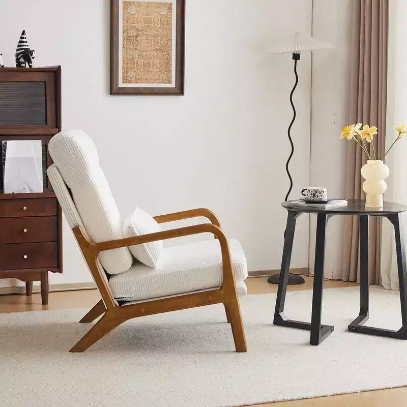Chaise de loisirs d'intérieur Karl Home à dossier haut en bois massif, accoudoirs, structure en fer et lin