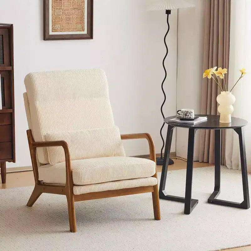 Chaise de loisirs d'intérieur Karl Home à dossier haut en bois massif, accoudoirs, structure en fer et lin
