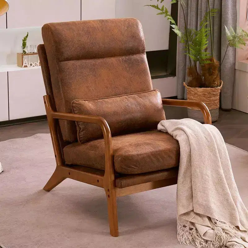 Chaise de loisirs d'intérieur Karl Home à dossier haut en bois massif, accoudoirs, structure en fer et lin
