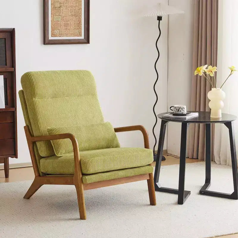 Chaise de loisirs d'intérieur Karl Home à dossier haut en bois massif, accoudoirs, structure en fer et lin