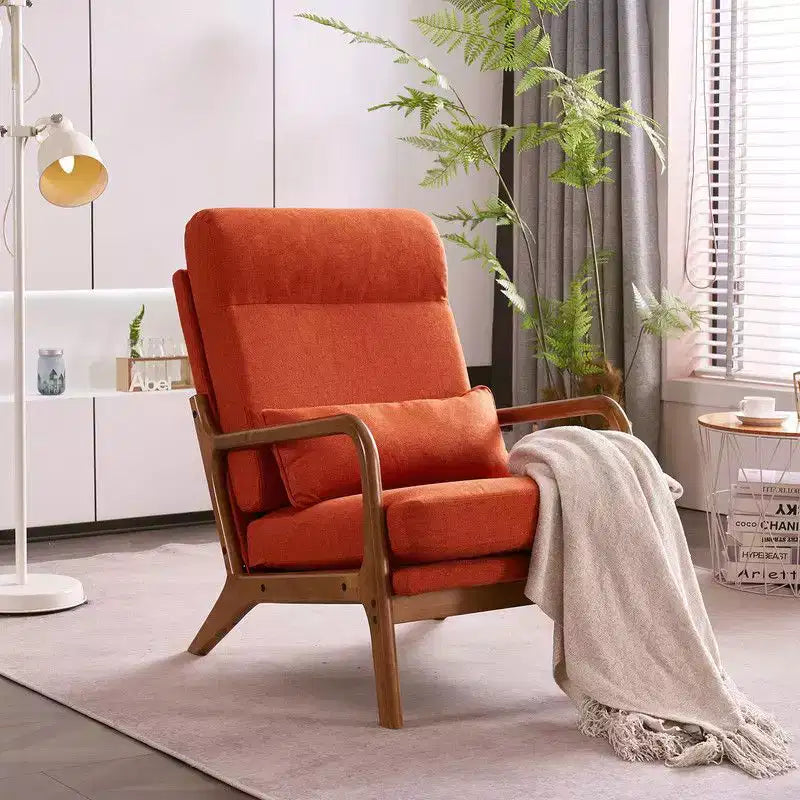 Chaise de loisirs d'intérieur Karl Home à dossier haut en bois massif, accoudoirs, structure en fer et lin