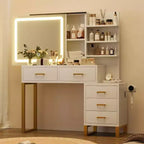 Commode avec miroir coulissant et éclairage, 3 modes d'éclairage, grande commode de chambre avec station de recharge / 5 grands tiroirs / 3 étagères ouvertes, blanc et or