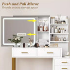 Commode avec miroir coulissant et éclairage, 3 modes d'éclairage, grande commode de chambre avec station de recharge / 5 grands tiroirs / 3 étagères ouvertes, blanc et or