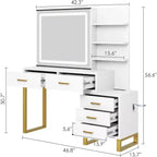 Commode avec miroir coulissant et éclairage, 3 modes d'éclairage, grande commode de chambre avec station de recharge / 5 grands tiroirs / 3 étagères ouvertes, blanc et or