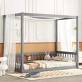 Twin Size Canopy Bed Floor Bed Wooden Bed Frame with Fence, Natural/Gray/White-ModernLuxe