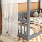 Lit baldaquin double Lit au sol en bois avec clôture, Naturel/Gris/Blanc-ModernLuxe