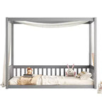 Lit baldaquin double Lit au sol en bois avec clôture, Naturel/Gris/Blanc-ModernLuxe