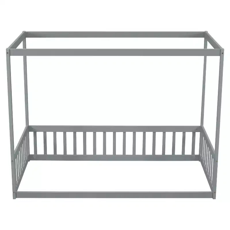 Lit baldaquin double Lit au sol en bois avec clôture, Naturel/Gris/Blanc-ModernLuxe