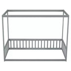 Lit baldaquin double Lit au sol en bois avec clôture, Naturel/Gris/Blanc-ModernLuxe