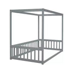 Lit baldaquin double Lit au sol en bois avec clôture, Naturel/Gris/Blanc-ModernLuxe
