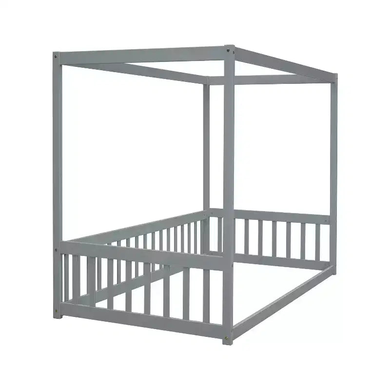 Lit baldaquin double Lit au sol en bois avec clôture, Naturel/Gris/Blanc-ModernLuxe