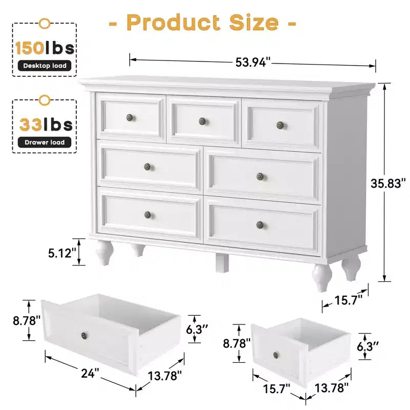 Commode 7 tiroirs, grande commode de rangement, commode, meuble de rangement en bois blanc, pieds en bois massif, convient pour chambre à coucher, salon, entrée