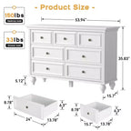 Commode 7 tiroirs, grande commode de rangement, commode, meuble de rangement en bois blanc, pieds en bois massif, convient pour chambre à coucher, salon, entrée