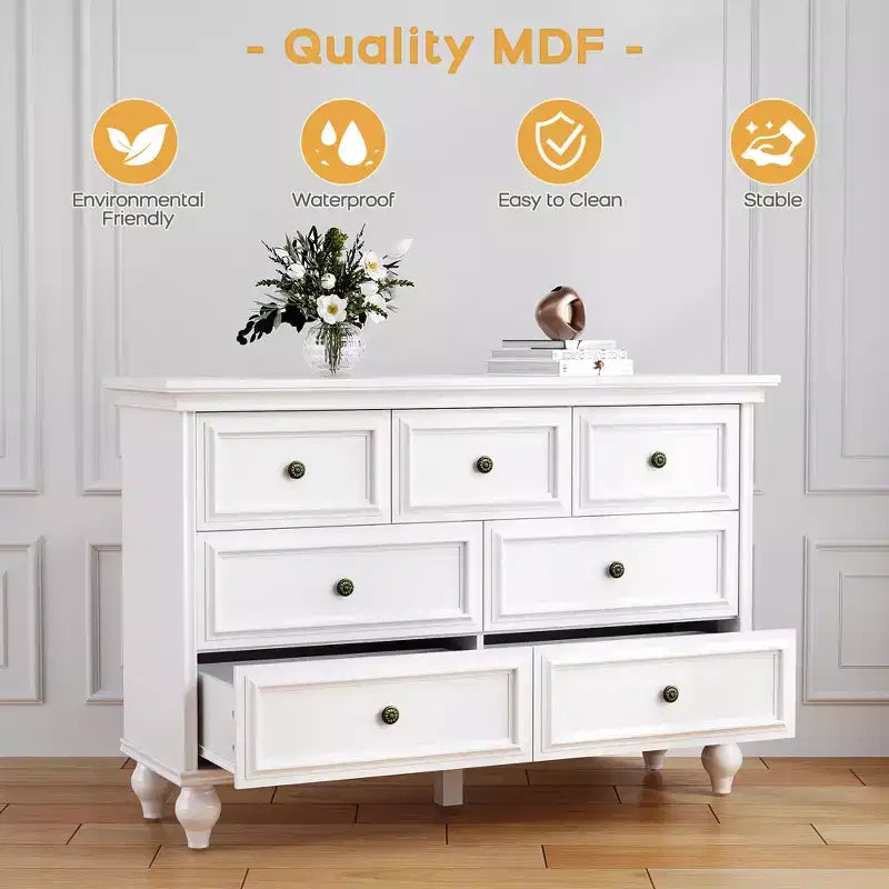 Commode 7 tiroirs, grande commode de rangement, commode, meuble de rangement en bois blanc, pieds en bois massif, convient pour chambre à coucher, salon, entrée