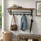 Porte-manteau mural industriel Royal Hampton de 26 pouces avec cadre en métal, 5 crochets et 1 étagère, marron rustique et noir