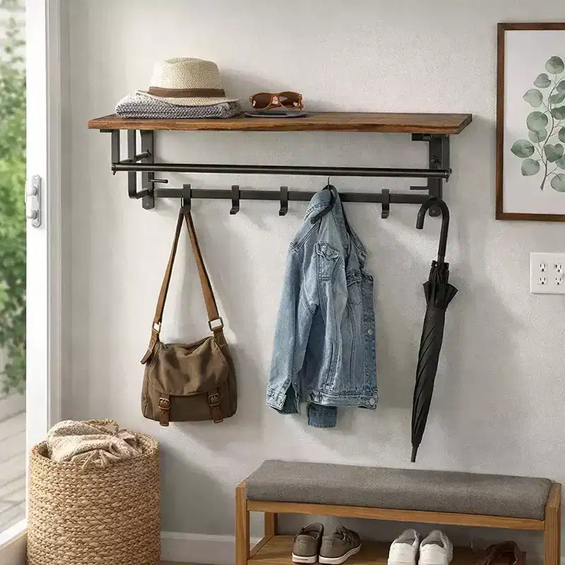 Porte-manteau mural industriel Royal Hampton de 26 pouces avec cadre en métal, 5 crochets et 1 étagère, marron rustique et noir