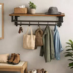 Porte-manteau mural industriel Royal Hampton de 26 pouces avec cadre en métal, 5 crochets et 1 étagère, marron rustique et noir