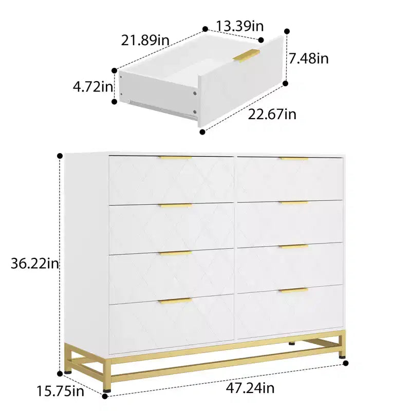 Commode à 8 tiroirs avec poignées métalliques, commode en bois moderne avec tiroirs profonds, dispositif anti-basculement, convient pour placard, salon, chambre à coucher