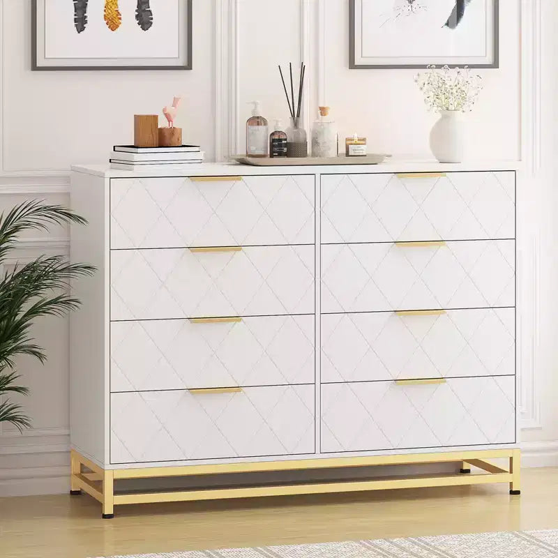 Commode à 8 tiroirs avec poignées métalliques, commode en bois moderne avec tiroirs profonds, dispositif anti-basculement, convient pour placard, salon, chambre à coucher