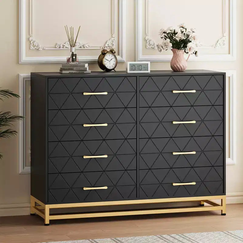 Commode à 8 tiroirs avec poignées métalliques, commode en bois moderne avec tiroirs profonds, dispositif anti-basculement, convient pour placard, salon, chambre à coucher