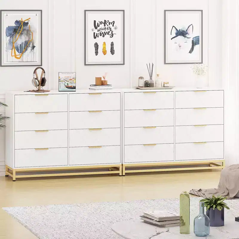 Commode à 8 tiroirs avec poignées métalliques, commode en bois moderne avec tiroirs profonds, dispositif anti-basculement, convient pour placard, salon, chambre à coucher