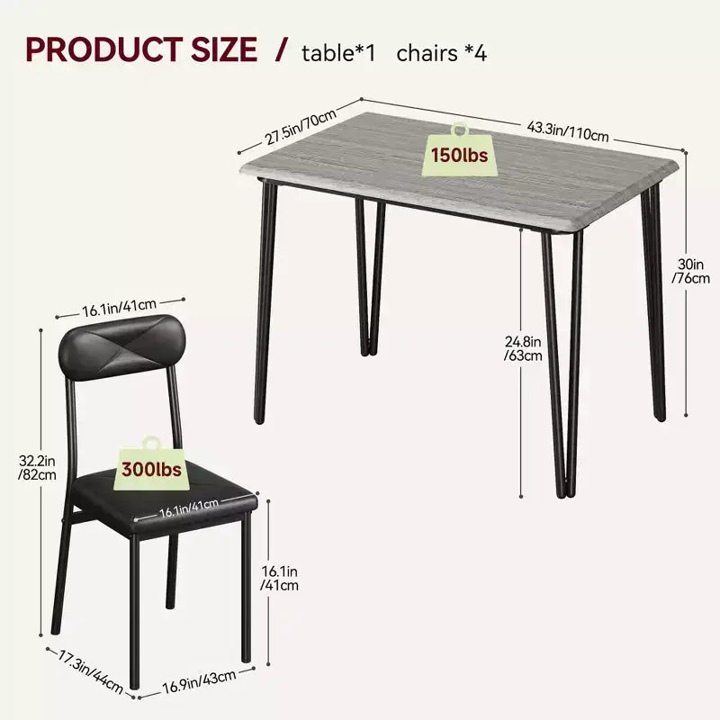 Ensemble de salle à manger pour 4 personnes, petite table de cuisine carrée et 4 chaises rembourrées, table en bois moderne de 5 pièces avec 4 chaises