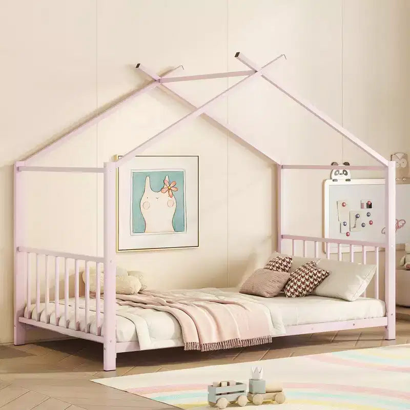 Lit plateforme en métal Whisen, taille double, en forme de maison