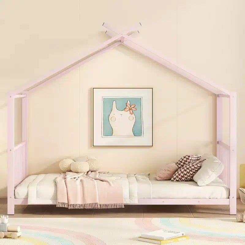 Lit plateforme en métal Whisen, taille double, en forme de maison