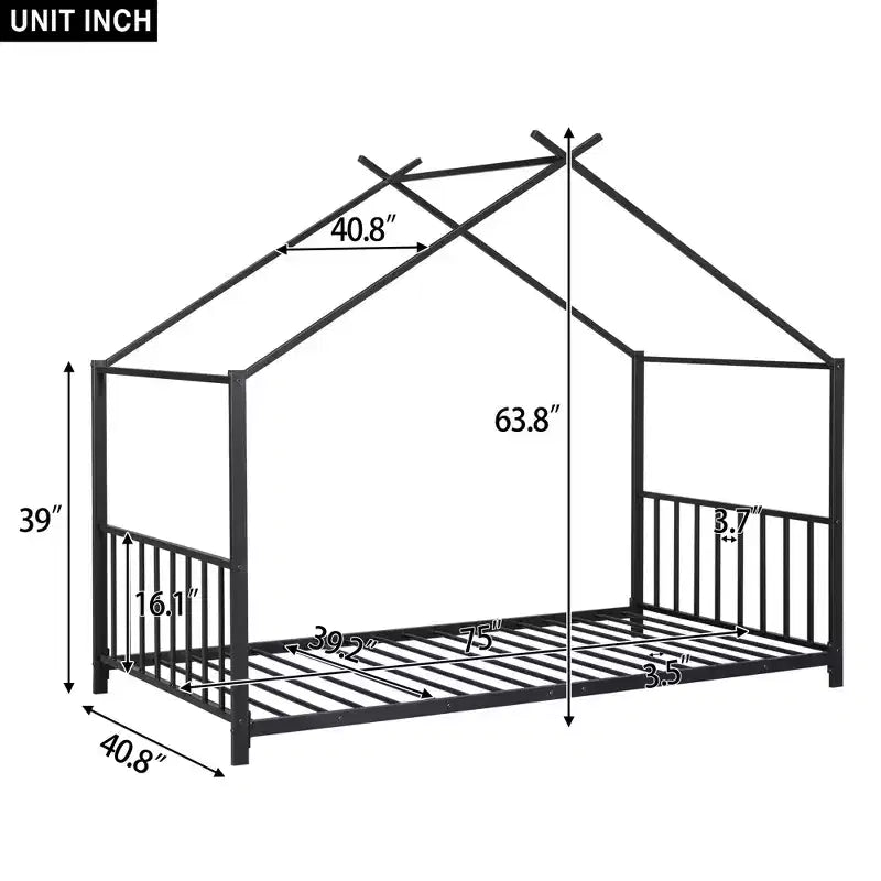 Lit plateforme en métal Whisen, taille double, en forme de maison
