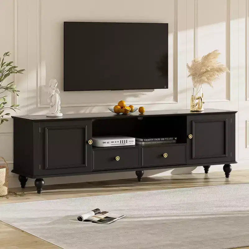 MAYEERTY Meuble TV moderne avec compartiment ouvert 2 tiroirs 2 armoires et 5 pieds solides pour salon Noir