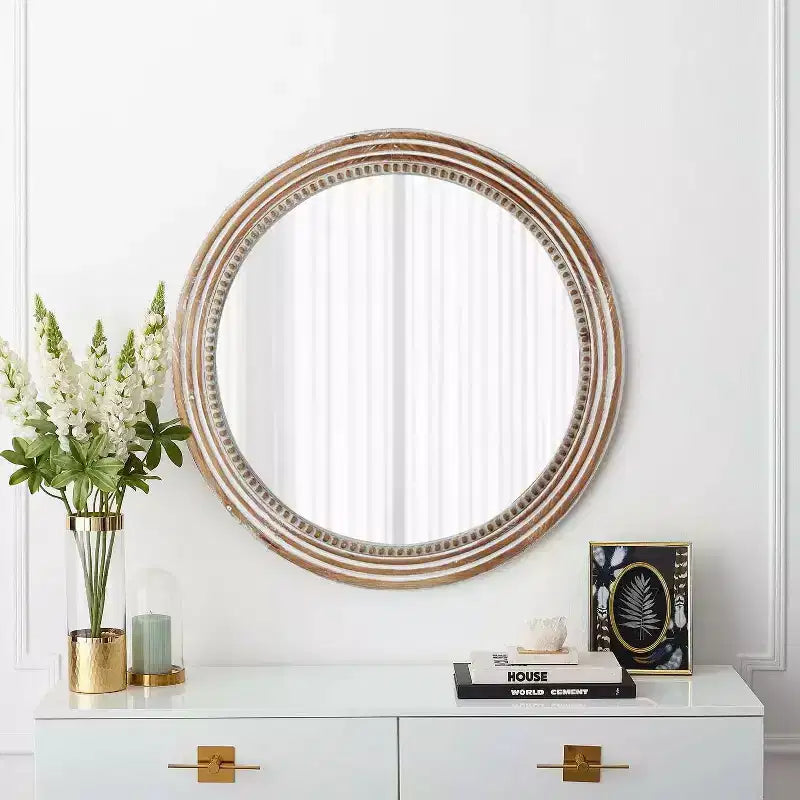 MAYEERTY 24 miroirs décoratifs ronds en bois pour la décoration murale, miroir cercle rustique avec perles pour chambre à coucher, salon, bureau