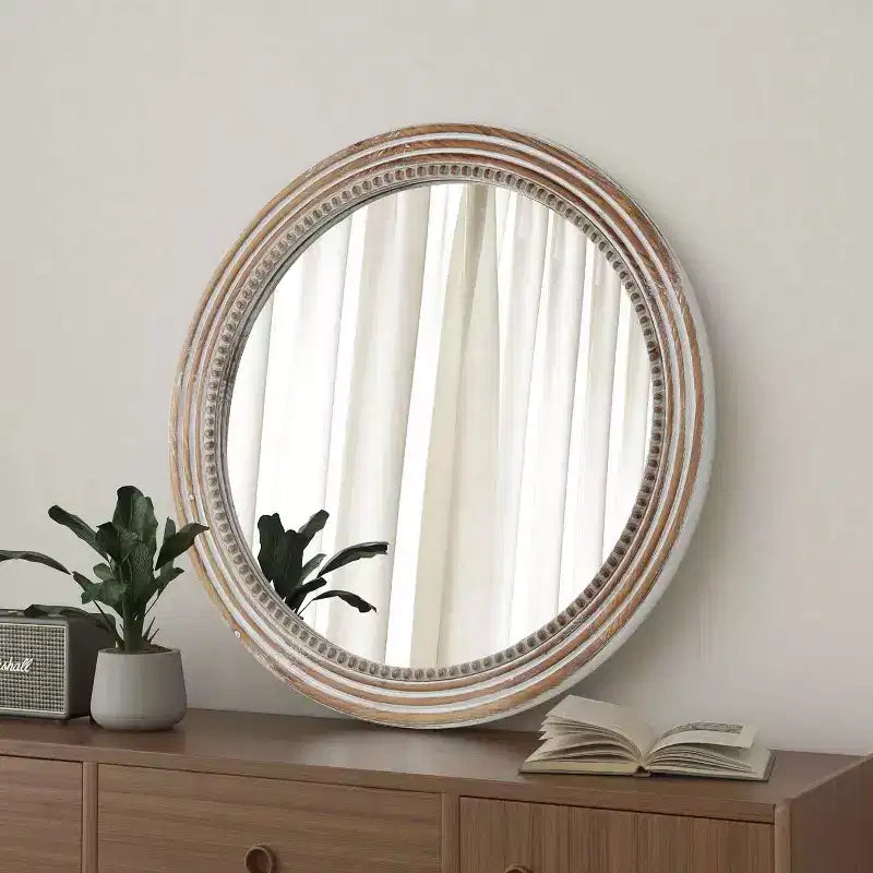 MAYEERTY 24 miroirs décoratifs ronds en bois pour la décoration murale, miroir cercle rustique avec perles pour chambre à coucher, salon, bureau