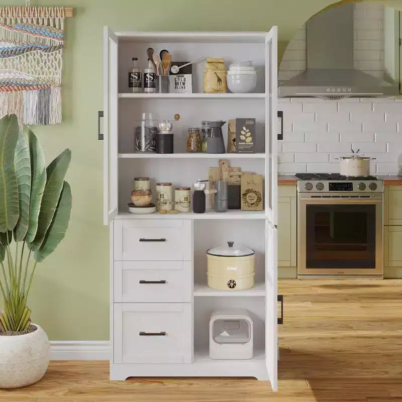 Karl Home Armoire de rangement blanche de 170 cm de haut avec 3 portes, 3 tiroirs, 5 étagères, style moderne