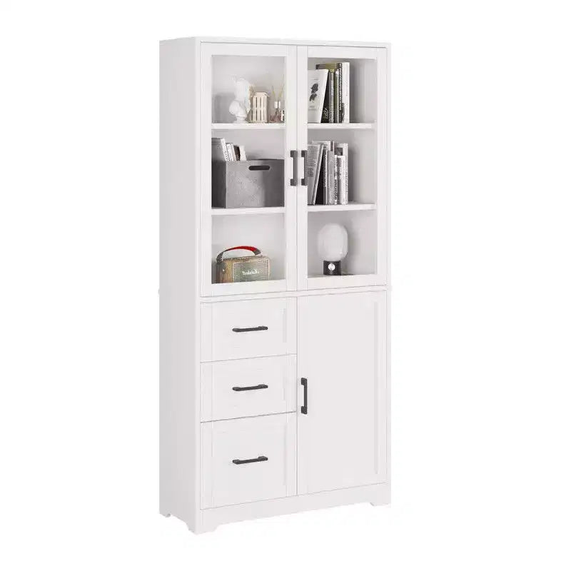Karl Home Armoire de rangement blanche de 170 cm de haut avec 3 portes, 3 tiroirs, 5 étagères, style moderne