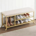 Shoe Rack Bench, 2 Tier Metal Storage Bench, Adjustable Shelf Entryway, Metal Shoe Rack Organizer with Cushion, Golden