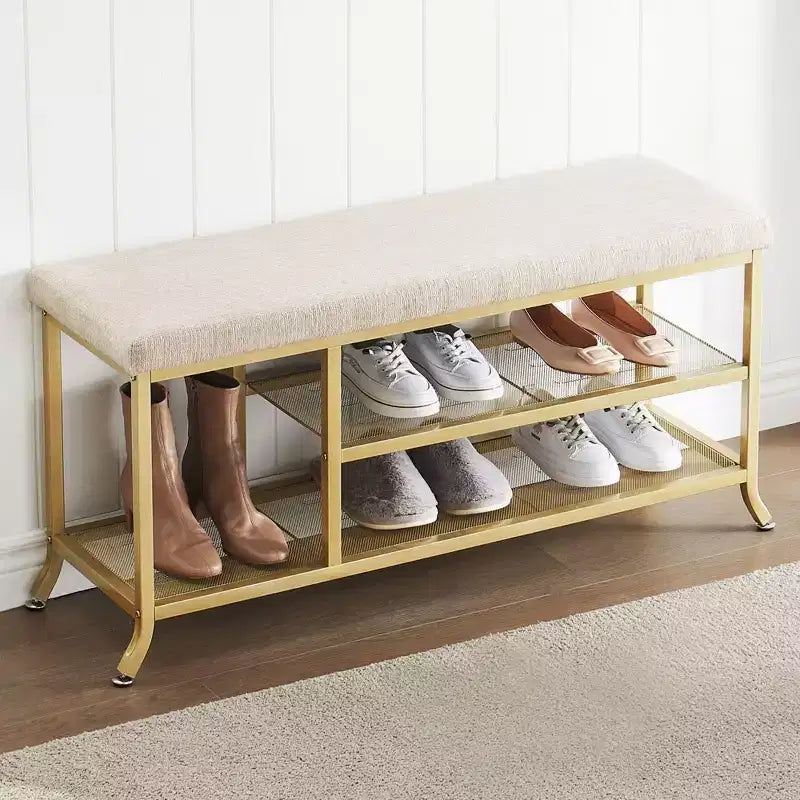 Shoe Rack Bench, 2 Tier Metal Storage Bench, Adjustable Shelf Entryway, Metal Shoe Rack Organizer with Cushion, Golden