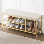 Banc porte-chaussures, Banc de rangement en métal à 2 niveaux, Entrée avec étagère réglable, Organisateur de chaussures en métal avec coussin, Doré