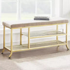 Banc porte-chaussures, Banc de rangement en métal à 2 niveaux, Entrée avec étagère réglable, Organisateur de chaussures en métal avec coussin, Doré