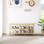 Banc porte-chaussures, Banc de rangement en métal à 2 niveaux, Entrée avec étagère réglable, Organisateur de chaussures en métal avec coussin, Doré