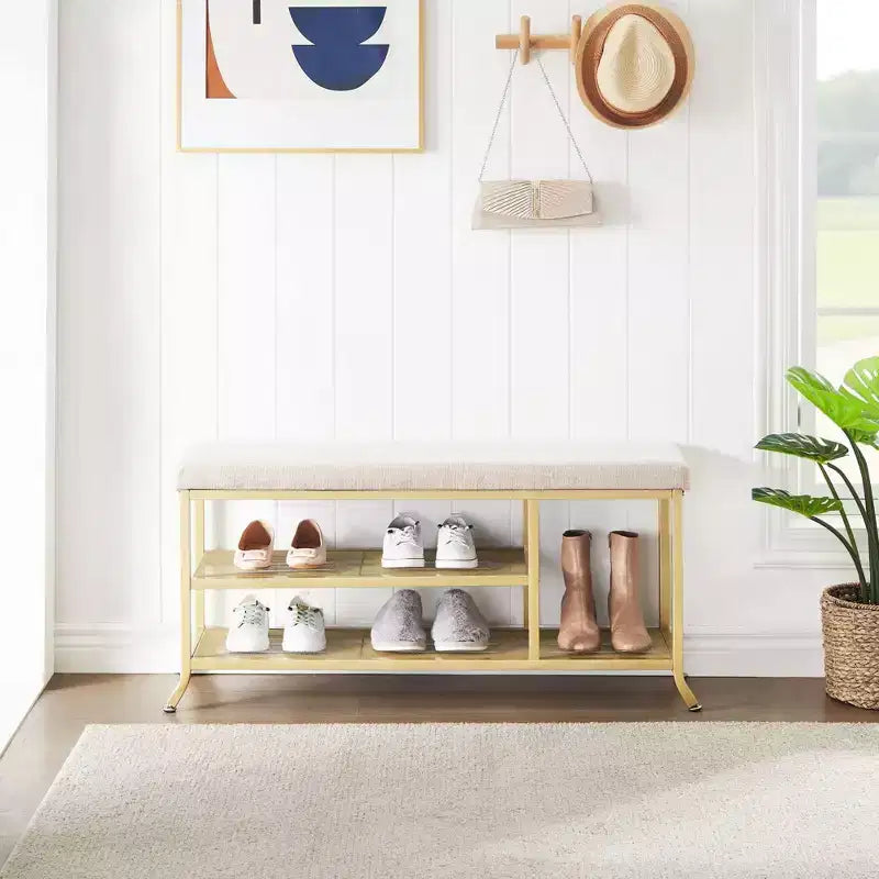 Banc porte-chaussures, Banc de rangement en métal à 2 niveaux, Entrée avec étagère réglable, Organisateur de chaussures en métal avec coussin, Doré