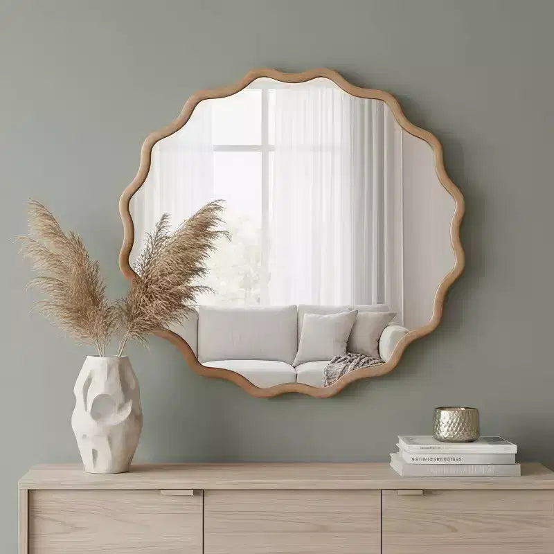MAYEERTY Miroir décoratif rond ondulé à cadre en bois de 76 cm pour chambre, salle de bain, salon, entrée, naturel