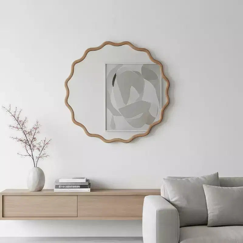 MAYEERTY Miroir décoratif rond ondulé à cadre en bois de 76 cm pour chambre, salle de bain, salon, entrée, naturel