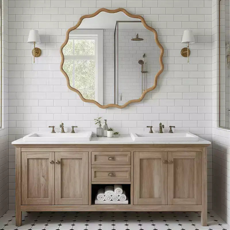 MAYEERTY Miroir décoratif rond ondulé à cadre en bois de 76 cm pour chambre, salle de bain, salon, entrée, naturel
