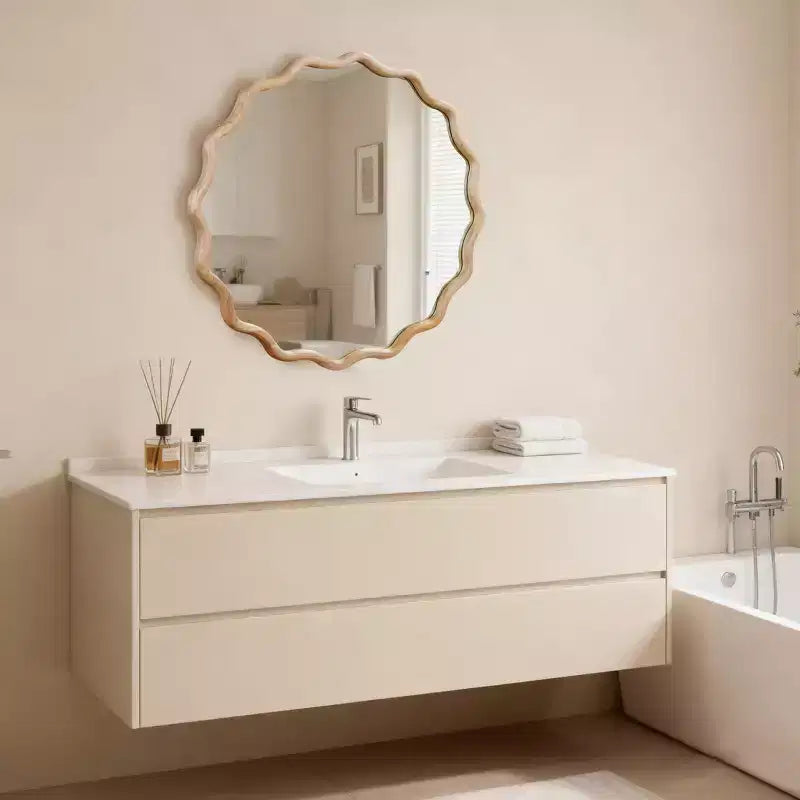 MAYEERTY Miroir décoratif rond ondulé à cadre en bois de 76 cm pour chambre, salle de bain, salon, entrée, naturel