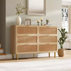 Commode à 6 tiroirs en rotin pour chambre à coucher, grande commode double avec tiroirs profonds, commode pour placard avec plateau large, longue commode en bois