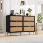 Commode à 6 tiroirs en rotin pour chambre à coucher, grande commode double avec tiroirs profonds, commode pour placard avec plateau large, longue commode en bois