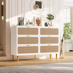 Commode à 6 tiroirs en rotin pour chambre à coucher, grande commode double avec tiroirs profonds, commode pour placard avec plateau large, longue commode en bois