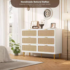 Commode à 6 tiroirs en rotin pour chambre à coucher, grande commode double avec tiroirs profonds, commode pour placard avec plateau large, longue commode en bois